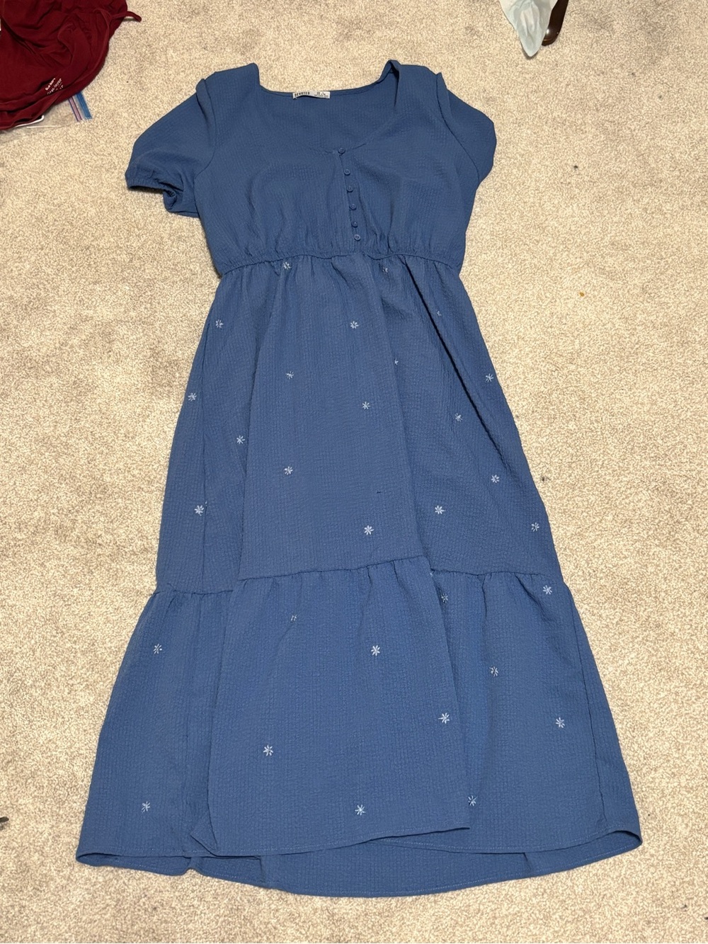 Blue Embroidered Tiered Dress - Short Sleeve